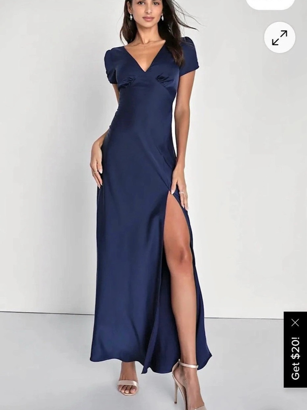 Lulus Epitome of Romance Navy Blue Satin Puff Sleeve Maxi Dress